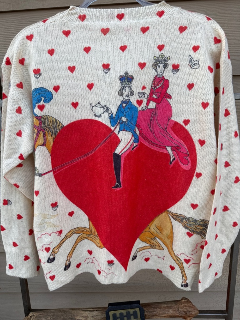 Art to Wear Whimsical Cream Sweater w/Red ❤️& ☕️ fun- Soft Unknown Brand - Picture 7 of 11